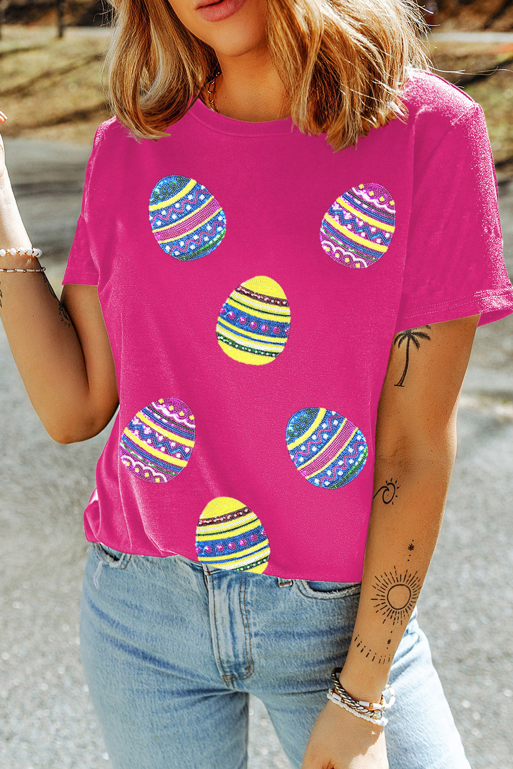 Rose Red Sequin Easter Egg Graphic Casual T Shirt Graphic Tees JT's Designer Fashion
