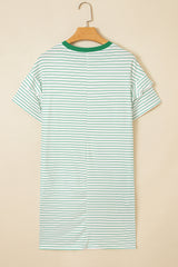 Green Stripe Ruffled Short Sleeve Crew Neck T Shirt Shift Mini Dress T Shirt Dresses JT's Designer Fashion