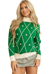 Dark Green Diamond Pattern Pom Accents Contrast Trim High Neck Sweater Sweaters JT's Designer Fashion