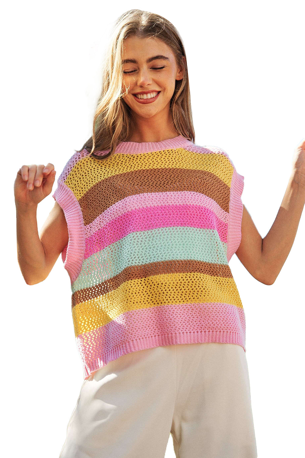 Pink Stripe Hollowed Crochet Cap Sleeve Loose Fit Sweater T Shirt Sweaters & Cardigans JT's Designer Fashion