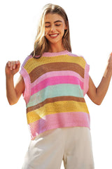 Pink Stripe Hollowed Crochet Cap Sleeve Loose Fit Sweater T Shirt Sweaters & Cardigans JT's Designer Fashion