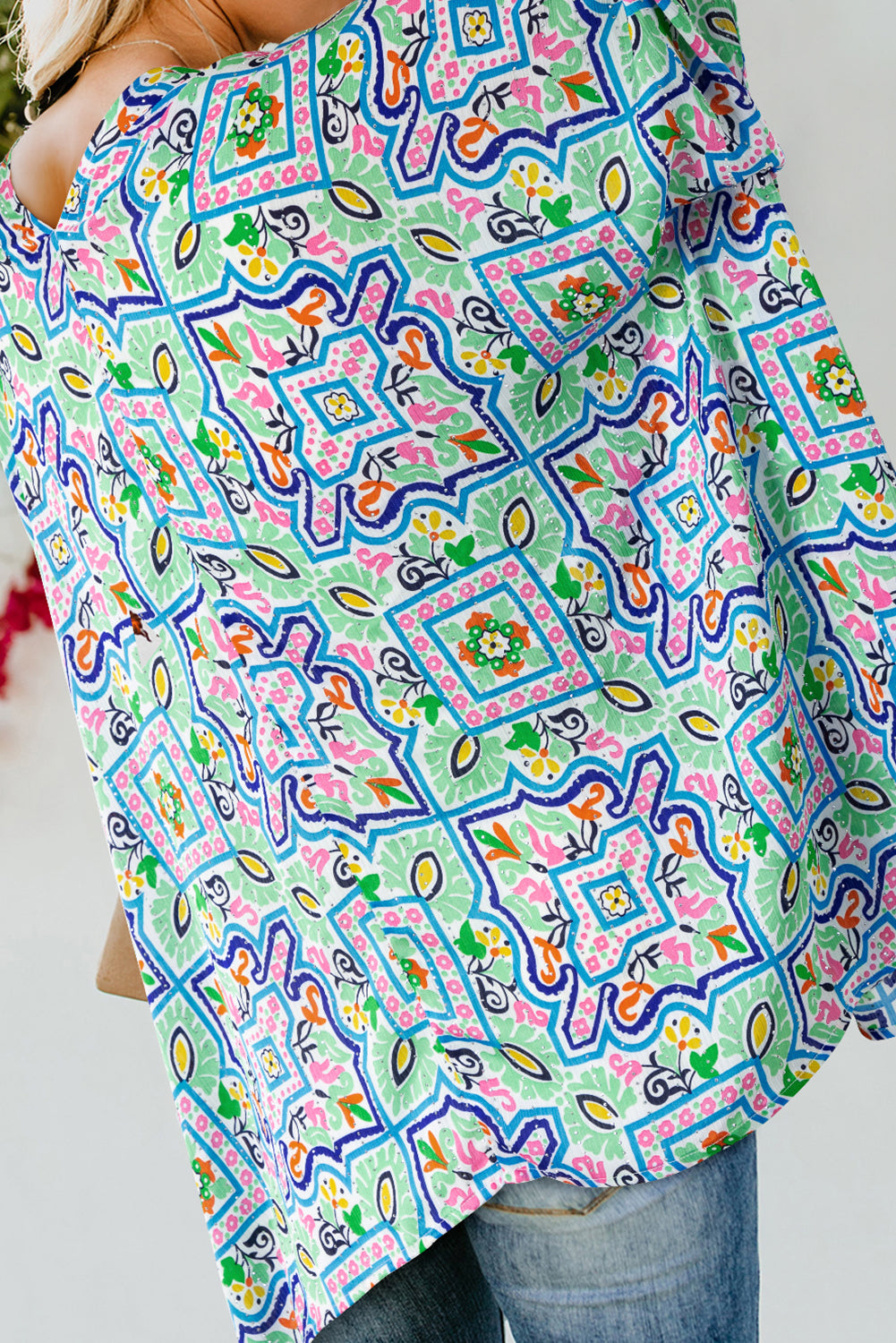 White Boho Floral Printed Rhinestone 3/4 Sleeve Open Front Kimono Kimonos JT's Designer Fashion