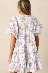 Pink Floral Striped Print Contrast Trim Tie Split Neck Mini Dress Dresses JT's Designer Fashion