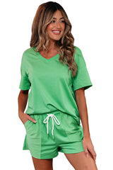 Mint Green V Neck Drop Shoulder Tee and Patchwork Drawstring Elastic Waistband Shorts Set Short Sets JT's Designer Fashion