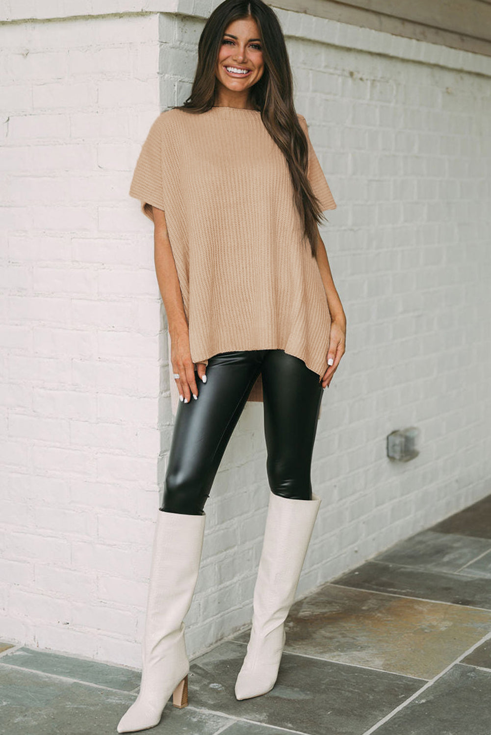 Apricot Short Sleeve Side Slit Oversized Sweater Sweaters & Cardigans JT's Designer Fashion