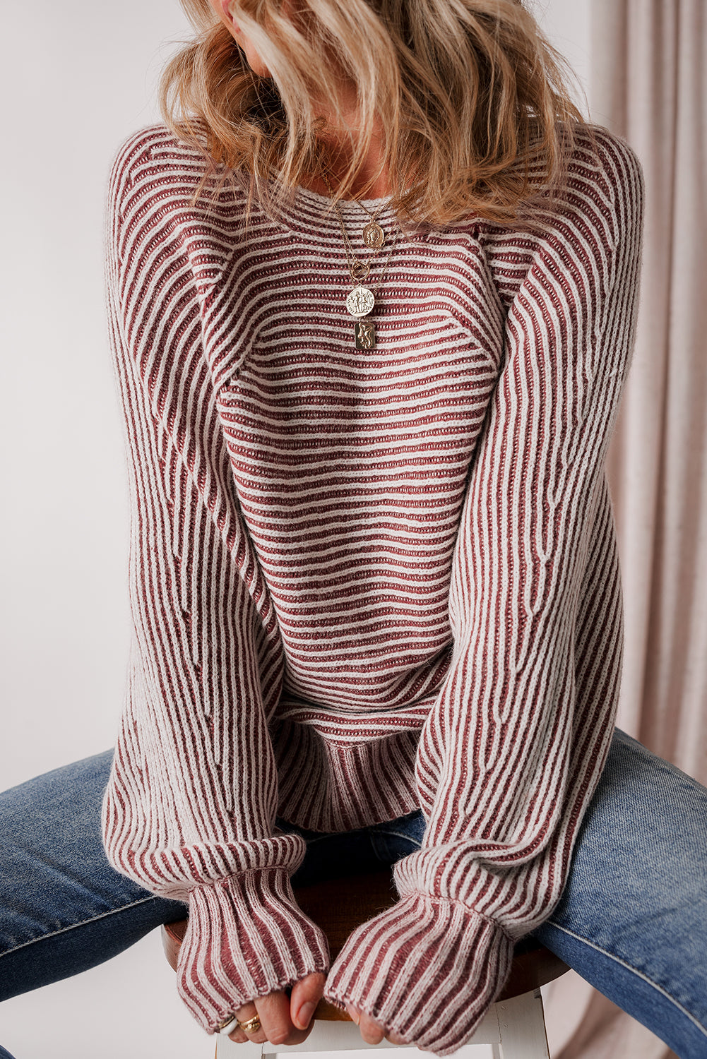Red Dahlia Striped Print Ribbed Knit Boat Neck Baggy Sweater Sweaters JT's Designer Fashion