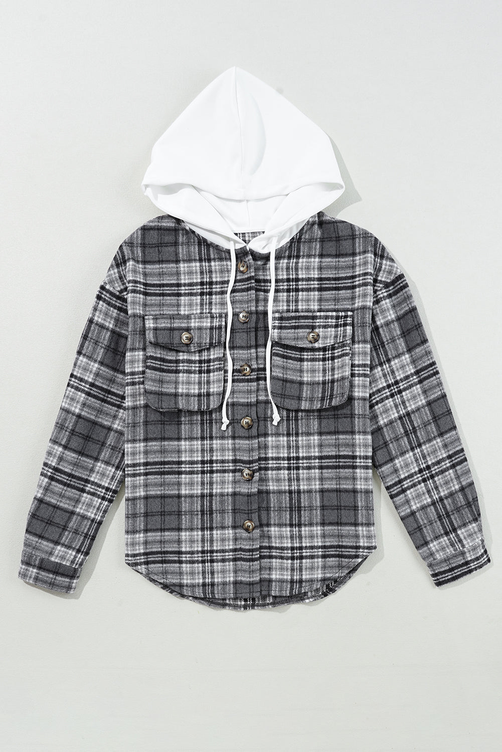 Black Plaid Print Flap Pockets Contrast Hooded Loose Shacket Plaid Shackets JT's Designer Fashion