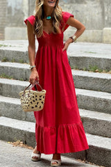 Fiery Red V Neck Flutter Sleeve Smocked Bodice High Waist Ruffle Long Dress Fiery Red 100%Cotton Maxi Dresses JT's Designer Fashion
