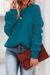 Blue Hollow-out Puffy Sleeve Knit Sweater Blue-3 100%Acrylic Sweaters JT's Designer Fashion