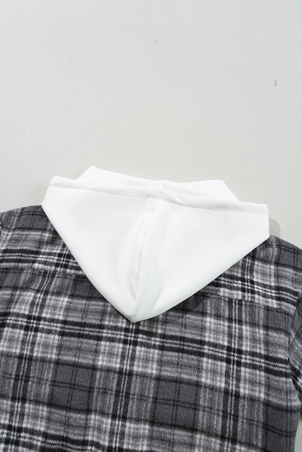 Black Plaid Print Flap Pockets Contrast Hooded Loose Shacket Plaid Shackets JT's Designer Fashion