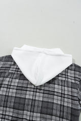 Black Plaid Print Flap Pockets Contrast Hooded Loose Shacket Plaid Shackets JT's Designer Fashion