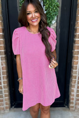 Bright Pink Corded Knit Crew Neck Puff Sleeve Shift Mini Dress T Shirt Dresses JT's Designer Fashion