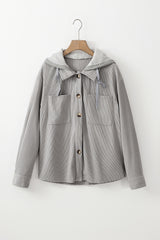 Light Grey Hooded Drawstring Pockets Corduroy Shacket Jackets JT's Designer Fashion