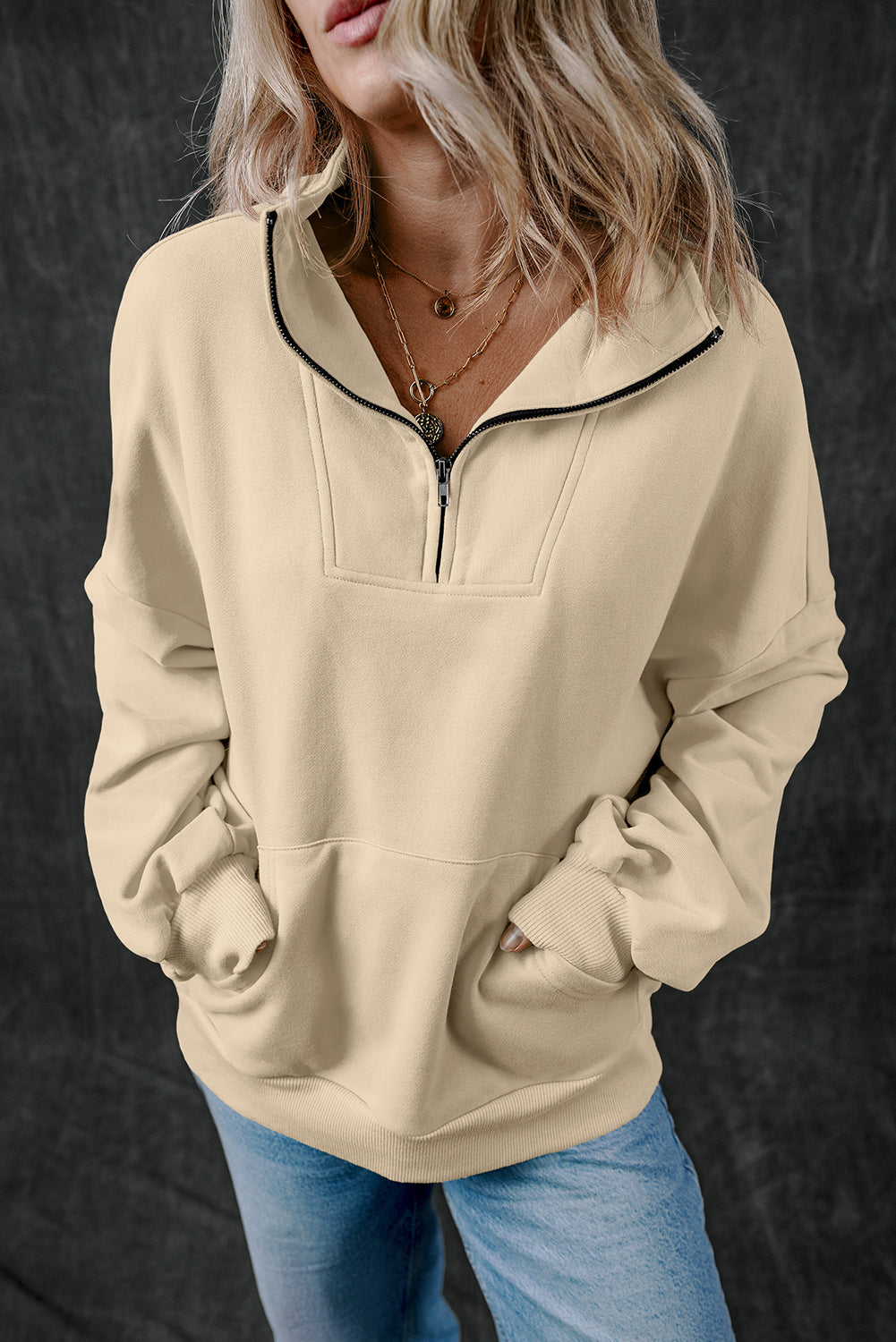 Smoke Gray Zip-up Stand Neck Kangaroo Pocket Sweatshirt Sweatshirts & Hoodies JT's Designer Fashion