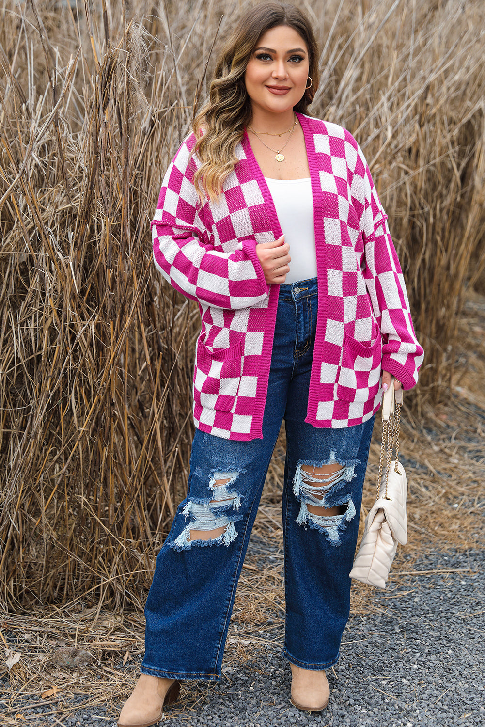 Bonbon Checkered Pattern Open Front Plus Size Cardigan Plus Size Sweaters & Cardigans JT's Designer Fashion