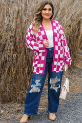 Bonbon Checkered Pattern Open Front Plus Size Cardigan Plus Size Sweaters & Cardigans JT's Designer Fashion