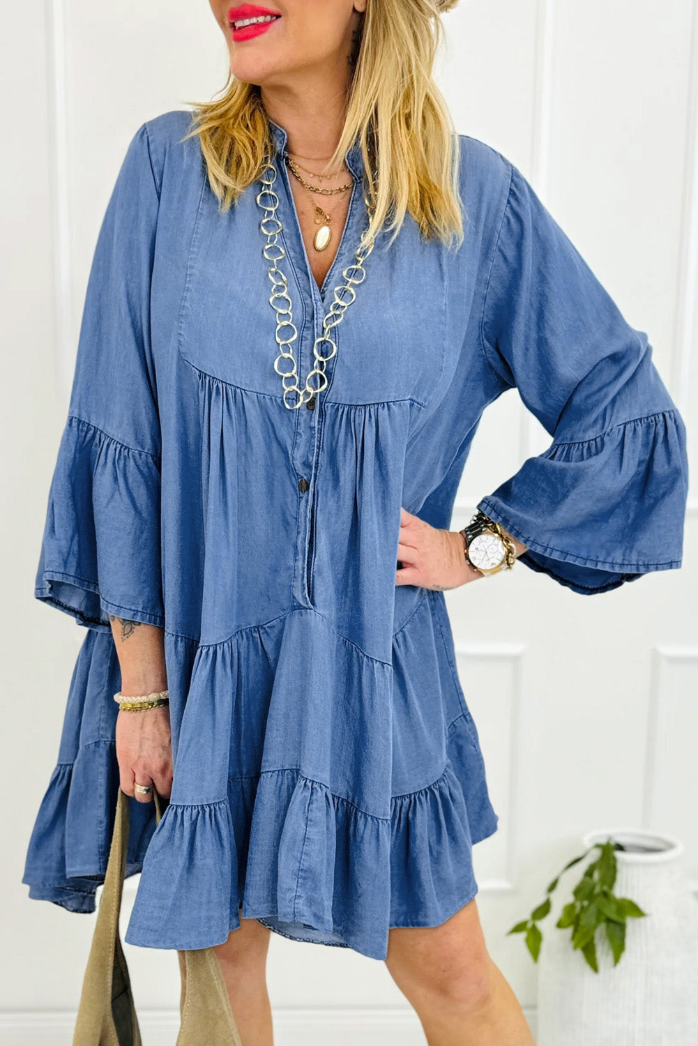 Sky Blue Chambray Ruffled 3/4 Sleeve Tiered Split V Neck Mini Dress Mini Dresses JT's Designer Fashion