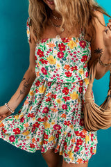 Red Floral Knotted Straps Cinched Waist Ruffle Hem Mini Dress Floral Dresses JT's Designer Fashion