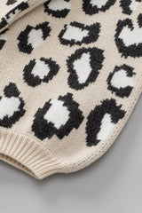 Khaki Leopard Patchwork Knitted Puff Sleeve Sweater Sweaters & Cardigans JT's Designer Fashion