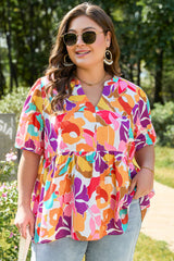 Pink Plus Size Floral Print V Neck Fit and Flare Blouse Plus Size Blouses & Shirts JT's Designer Fashion
