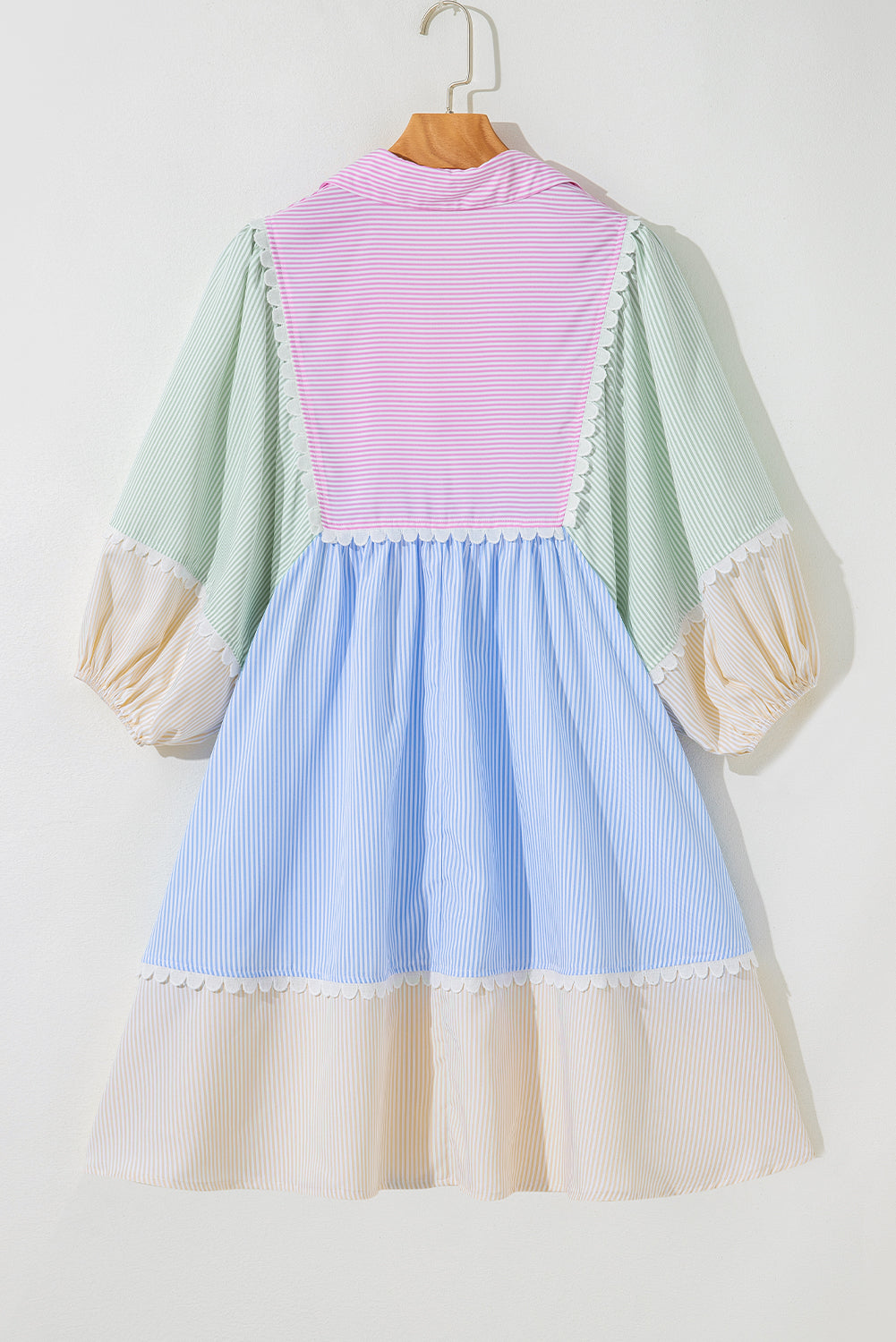 Multicolour Striped Patchwork Ric Rac Puff Sleeve Collared Mini Dress Mini Dresses JT's Designer Fashion