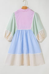 Multicolour Striped Patchwork Ric Rac Puff Sleeve Collared Mini Dress Mini Dresses JT's Designer Fashion