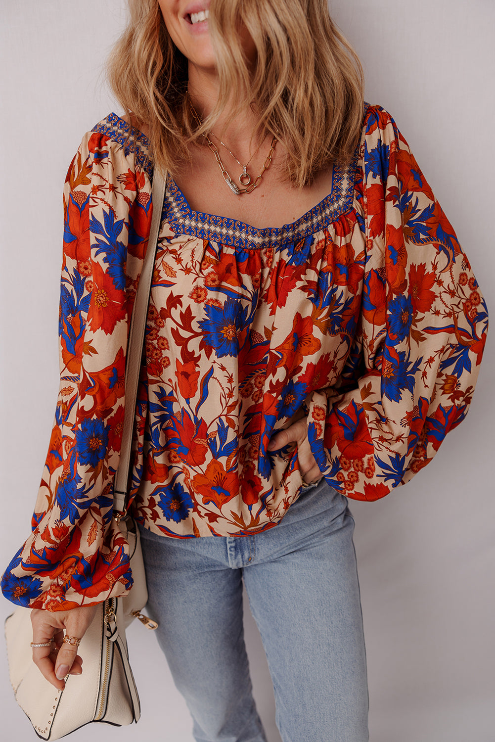 Multicolour Floral Print Square Neck Backless Loose Fit Blouse Multicolour 60%Cotton+40%Viscose Blouses & Shirts JT's Designer Fashion