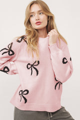 Light Pink Bow Pattern Knitted Loose Fit Sweater Sweaters JT's Designer Fashion