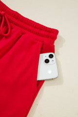 Fiery Red Varsity Striped Sleeve Drop Shoulder Sweatshirt and Short Set Short Sets JT's Designer Fashion