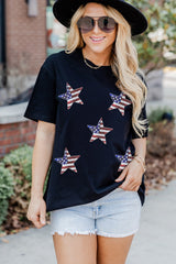 Black Sequined American Flag Star Graphic T Shirt Graphic Tees JT's Designer Fashion