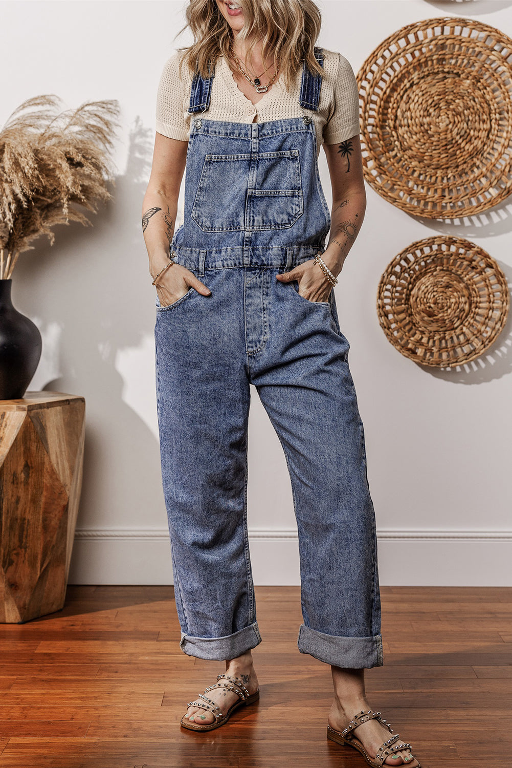 Sail Blue Denim Bib Straight Leg Jumpsuit with Pockets Jumpsuits & Rompers JT's Designer Fashion