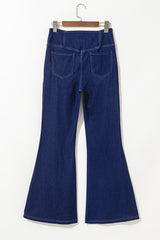 Dusk Blue Solid Crossed Waist High Elastic Fit Flare Knit Jeans Jeans JT's Designer Fashion