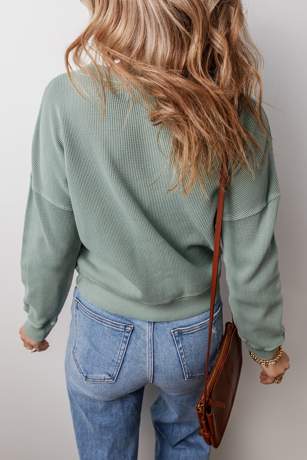 Clearly Aqua Waffle Knit Drop Shoulder V Neck Top Long Sleeve Tops JT's Designer Fashion