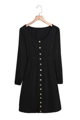 Black Button Up High Waist Long Sleeve Dress Midi Dresses JT's Designer Fashion