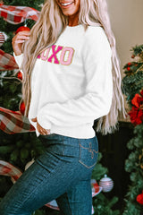 White XOXO Glitter Print Round Neck Casual Sweater Sweaters JT's Designer Fashion