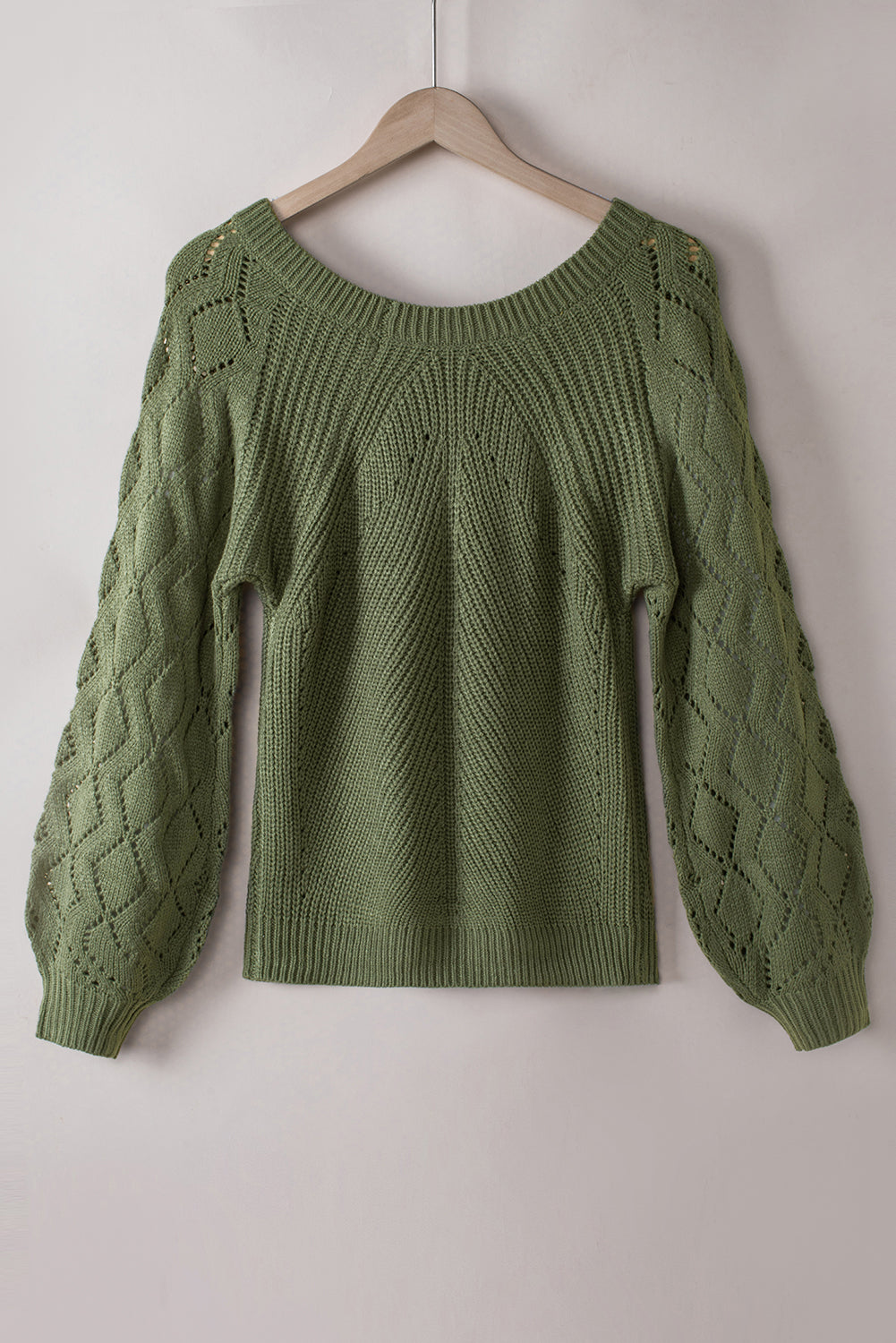 Green Hollow-out Puffy Sleeve Knit Sweater Sweaters JT's Designer Fashion