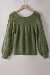 Green Hollow-out Puffy Sleeve Knit Sweater Sweaters JT's Designer Fashion