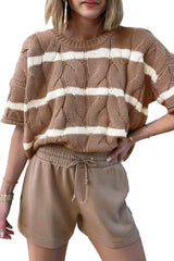 Dark Khaki Striped Cable Short Sleeve Sweater Sweaters & Cardigans JT's Designer Fashion