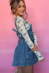 Sky Blue Buckle Straps Bib Style Drawstring Tied Backless Flared Denim Romper Jumpsuits & Rompers JT's Designer Fashion
