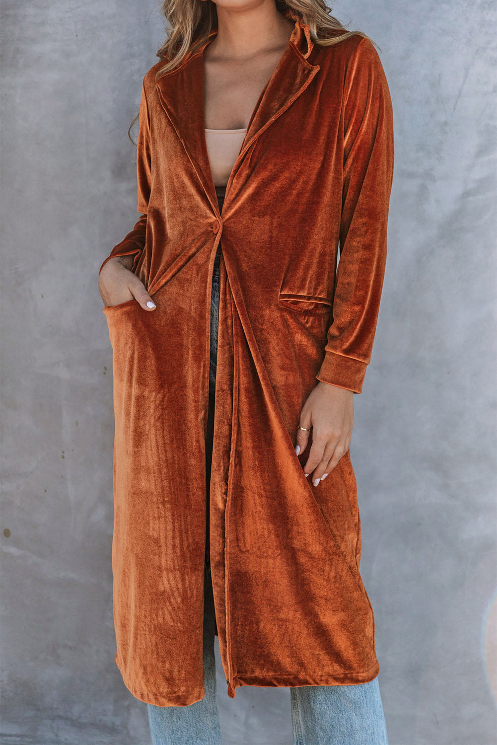 Brown Retro Velvet Long Sleeve Pocket Coat Coats JT's Designer Fashion