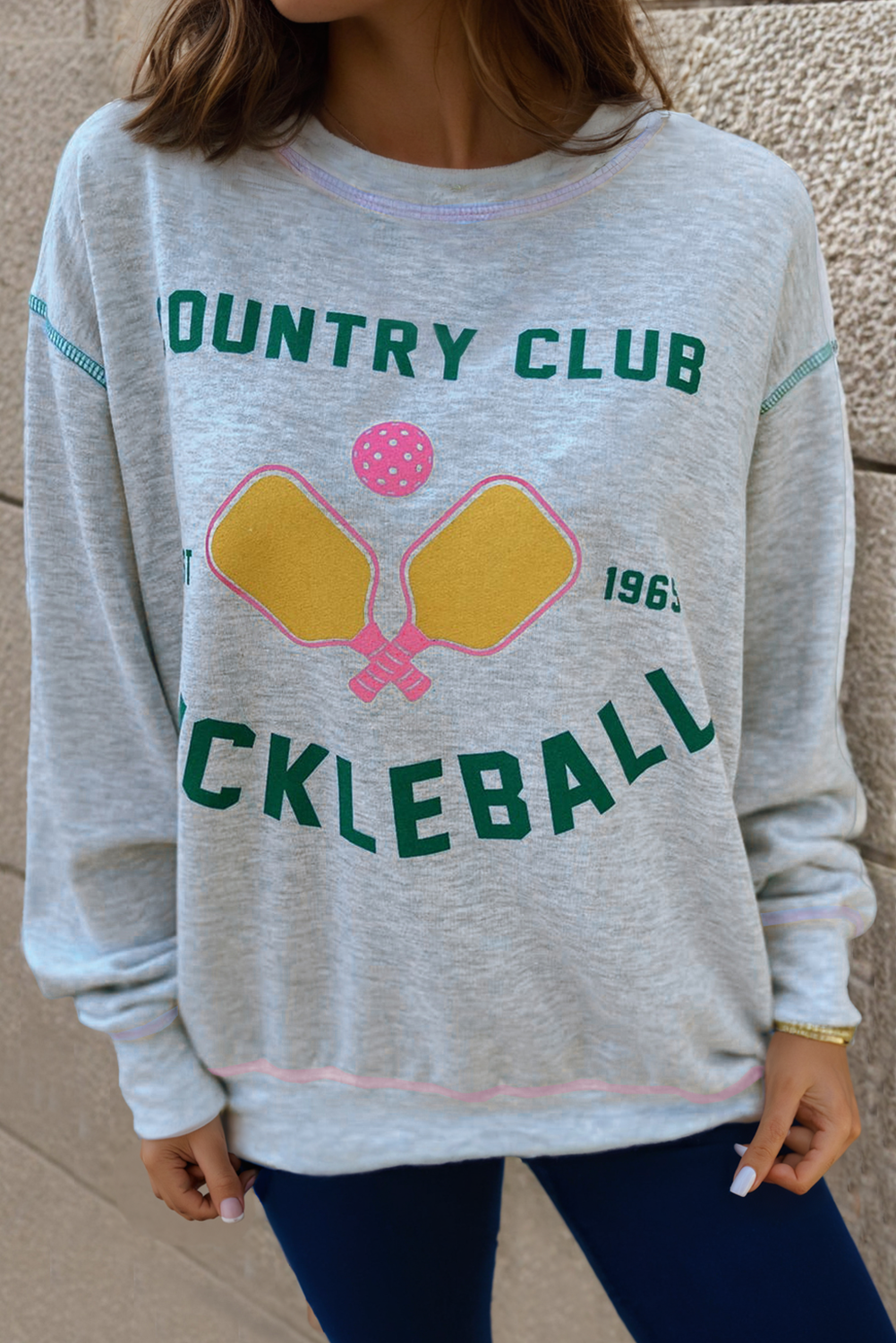 Light Grey COUNTRY CLUB PICKLEBALL Graphic Exposed Stitching Casual Sweatshirt Sweatshirts & Hoodies JT's Designer Fashion