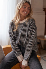 Black Contrast Edge Crew Neck Drop Shoulder Sweater Sweaters JT's Designer Fashion