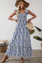 Sky Blue Boho Print Smocked High Waist Long Dress Maxi Dresses JT's Designer Fashion