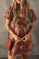 Red Floral Puff Sleeve Square Neck Knot Open Back Mini Dress Mini Dresses JT's Designer Fashion