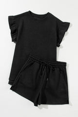 Black Textured Ruffle Split Top and Drawstring Shorts Short Sets JT's Designer Fashion