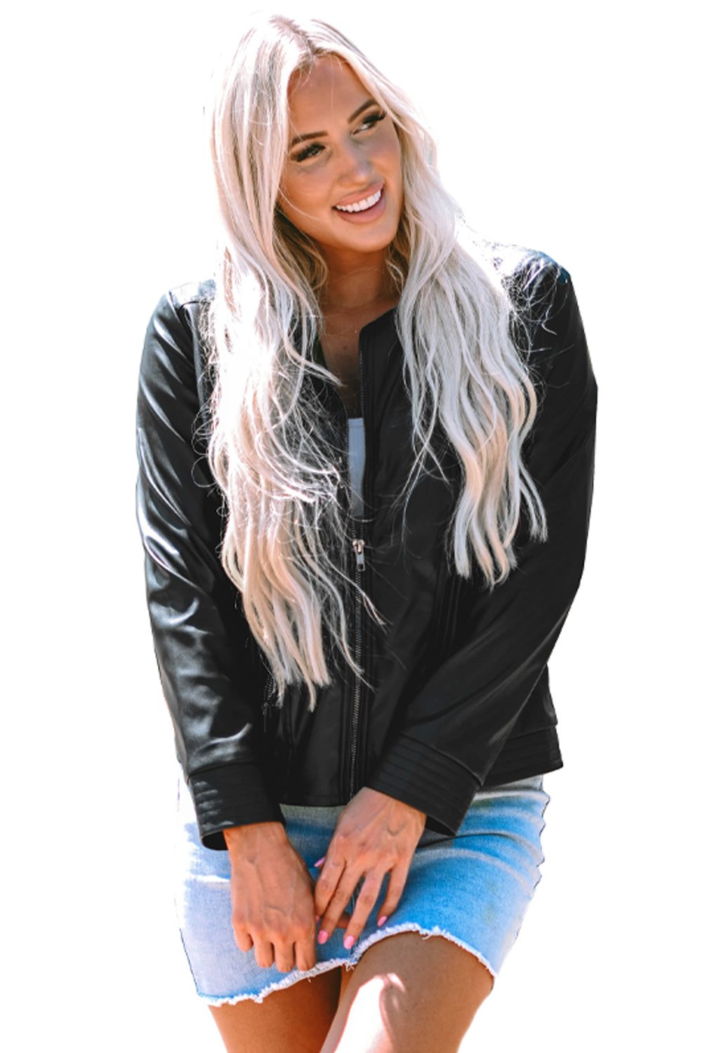 Black Solid Faux Leather Zipper Slim Fit Bomber Jacket Jackets JT's Designer Fashion