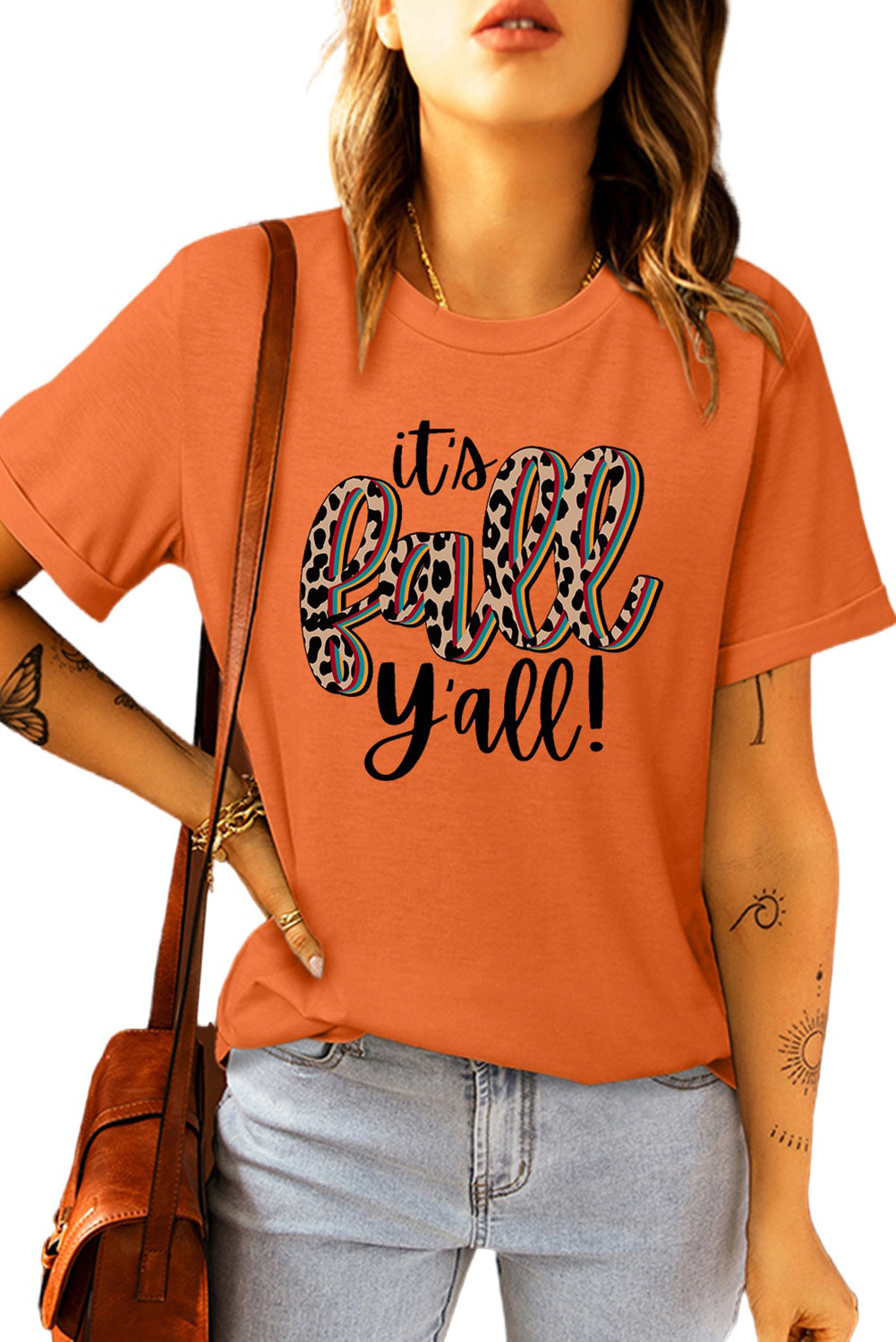 Orange Its Fall Yall Animal Print Casual T Shirt Graphic Tees JT's Designer Fashion
