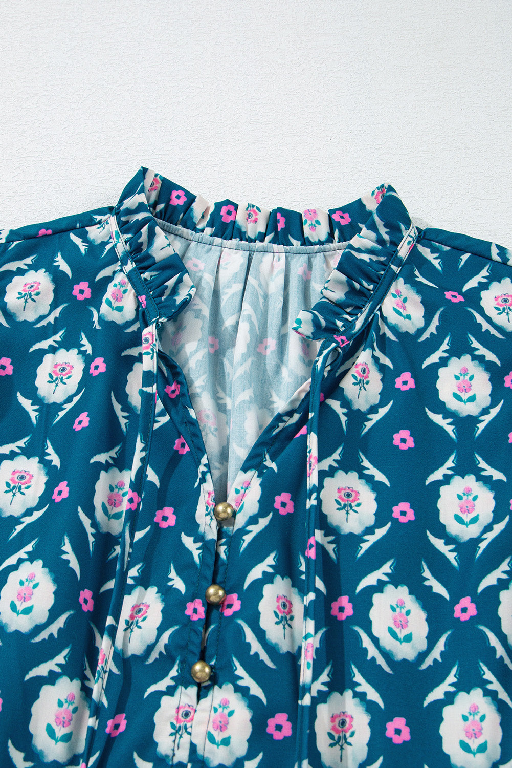 Blue Retro Floral Print Split Neck Ruffle Short Sleeve Dress Floral Dresses JT's Designer Fashion