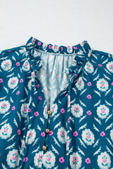 Blue Retro Floral Print Split Neck Ruffle Short Sleeve Dress Floral Dresses JT's Designer Fashion