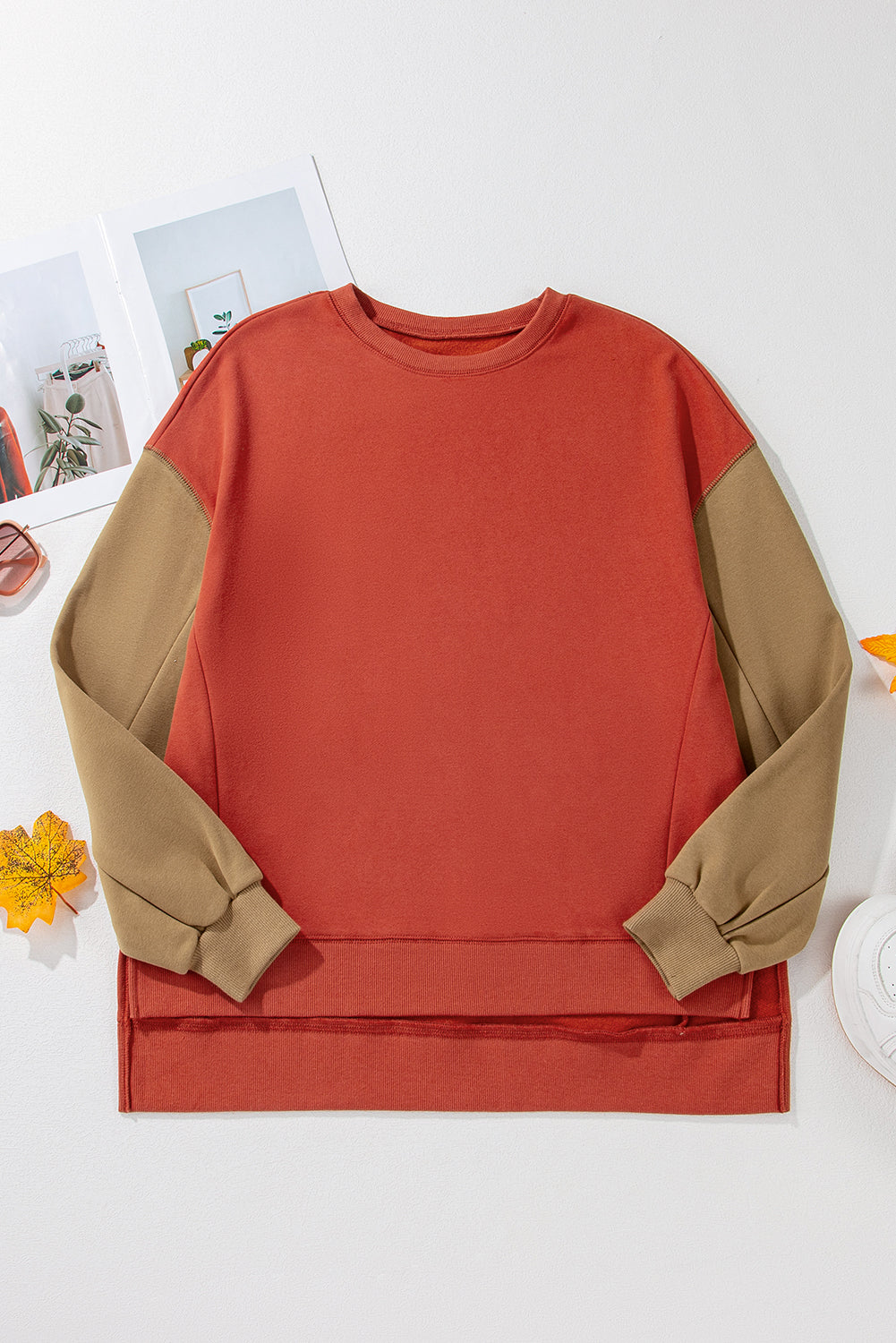 Gold Flame Two Tone Patchwork Drop Shoulder Pullover Sweatshirt Sweatshirts & Hoodies JT's Designer Fashion